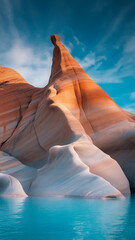 Dramatic sandstone cliffs meet vibrant turquoise water under a blue sky