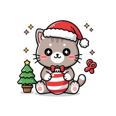 Cute festive kitten in Santa hat holds a shiny Christmas ornament, ready for the holiday season for joyful celebrations
