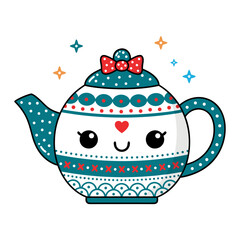 Charming Kawaii Teapot Vector Illustration with Adorable Face and Festive Holiday Patterns Decoration