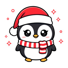 Adorable festive cartoon penguin character illustration with Santa hat and striped scarf, perfect for winter holiday designs and cheerful greetings