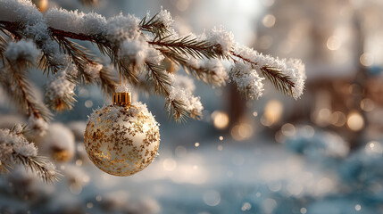 Close up of a christmas ornament hanging on a snow covered pine tree branch