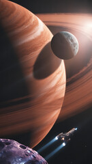 Alien planet and spaceship near saturns rings with a moon