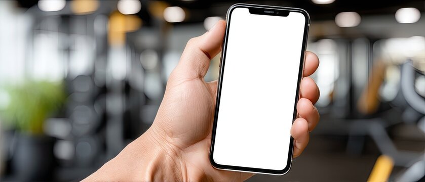 Close-up of a man's hand holding a blank smartphone in a gym during workout session, showcasing fitness technology in a modern environment - Powered by Adobe