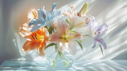 Obraz premium A soft composition of lily blooms in pastel shades of apricot