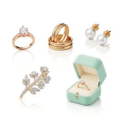 Elegant jewelry collection featuring rings earrings and a floral brooch on white