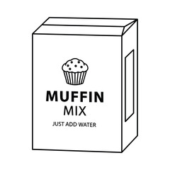 Hand drawn illustration of a muffin mix box with a cupcake icon and text