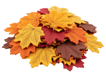 Pile of colorful artificial autumn maple leaves, isolated on transparent background