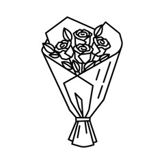 Hand drawn line art illustration of a bouquet of roses wrapped in paper
