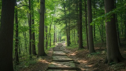 Obraz premium Serene forest pathway through lush greenery and tall trees