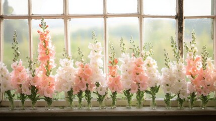 A striking arrangement of pastel coral snapdragons lined along a rustic windowsill