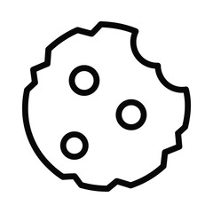 Simple black and white outline icon of a cookie with three chocolate chips and a bite mark