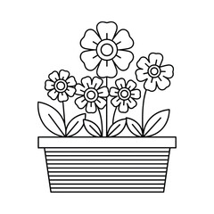 Simple outline drawing of five flowers in a striped pot