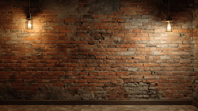 A textured brick wall with exposed mortar and chipped plaster, illuminated by two vintage industrial cage lights, creating a warm, rustic ambiance.