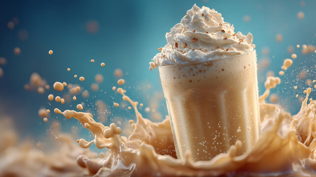 A glass of milkshake with whipped cream and a splash on a blue background