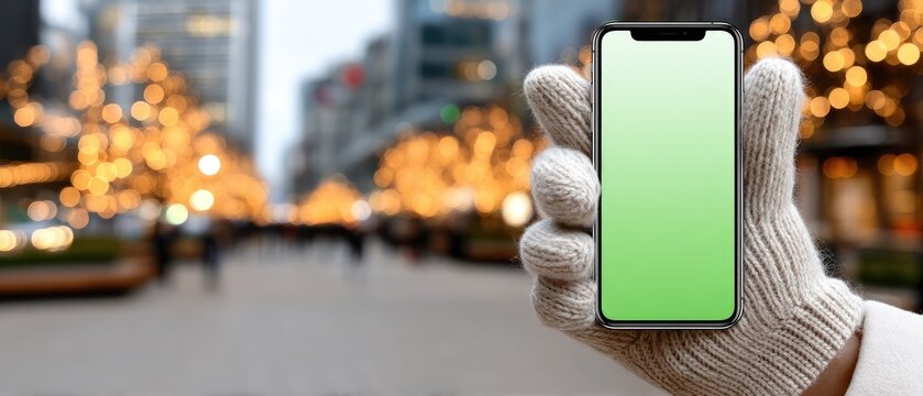 Woman holding smartphone with green screen in city with festive lights during evening