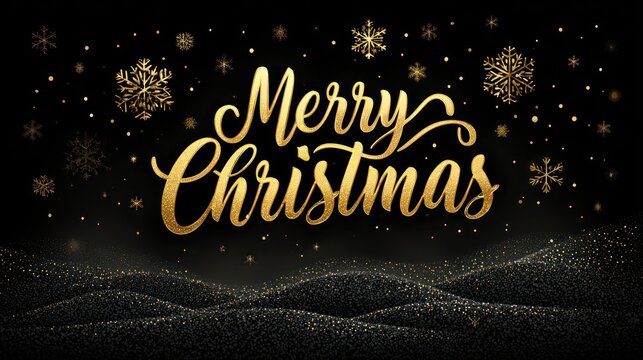 Elegant golden merry christmas lettering with sparkling snowflakes and glitter