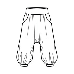 Hand drawn sketch of loose fitting baby pants with elastic waistband and cuffs