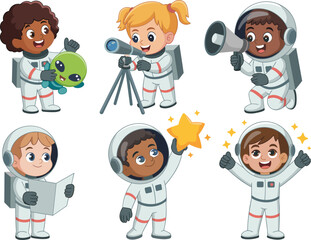 Cute cartoon children astronauts exploring space with telescope, alien toy, star and helmets, fun illustration