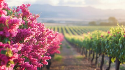 Obraz premium A stunning view of sprawling pastel pink bougainvillea growing alongside an open vineyard