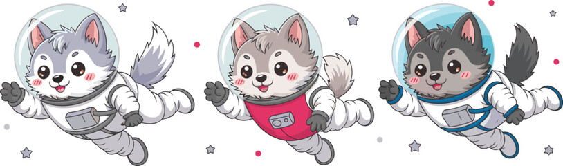 Cute husky astronaut characters flying in space, adorable animal illustration set for kids and cartoon design
