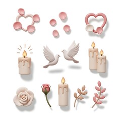 Wedding celebration icons collection with doves candles and pink flowers