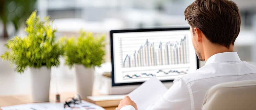Businessman analyzes financial graphs and charts at his desk in a modern office to understand growth trends and strategies for success