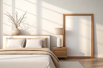 Fototapeta premium Minimalist bedroom interior with natural light and empty frame
