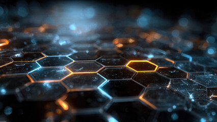A dynamic hexagonal grid with glowing blue and orange outlines, representing advanced technology, network, or data flow in a futuristic setting.