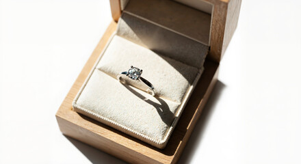 Elegant engagement ring displayed in a wooden box, showcasing luxury and romance