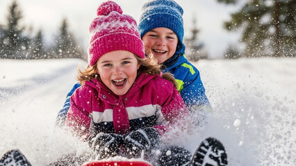 Kids sliding down hill having fun in winter wonderland, kids sliding down hill on snowy day bring joy. Sibling kids sliding down hill together, creating memorable wintertime experience.