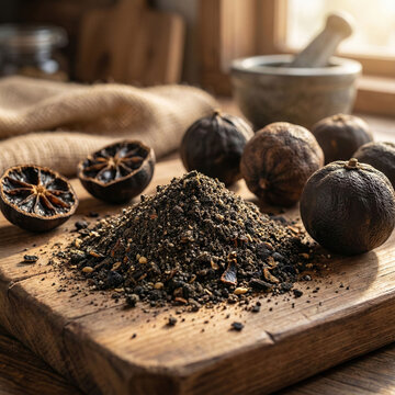 Dried black limes and powdered loomi spice on a rustic wooden board