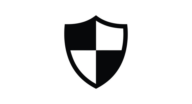 A striking black and white shield design prominently displayed with a bold geometric silhouette