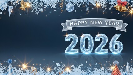 Happy new year 2026 banner design with snowflakes and crystal numbers