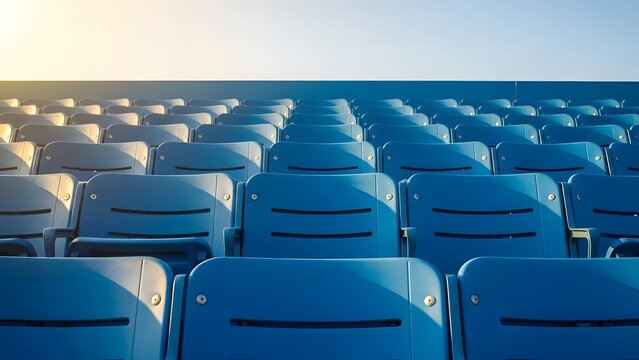Rows of empty blue stadium seats under a clear sky illuminated by warm sunlight casting long shadows