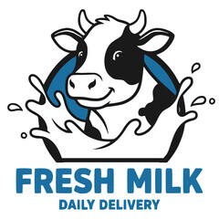 Fresh Milk Daily Delivery Logo with Smiling Cow and Splash