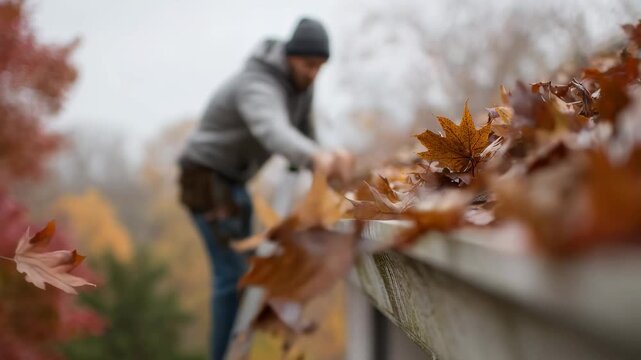 Man on ladder cleaning autumn leaves from a house gutter. Fall outdoor maintenance concept for home care.