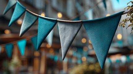 Close up of a string of blue and gray triangular fabric party pennants hung up