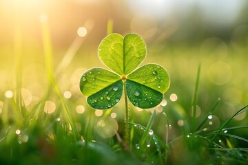 Fresh green clover with glistening dew in golden morning sunlight