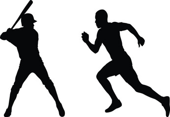 Baseball player silhouettes collection, vector set of batters swinging, isolated black action figures on white background, professional sport design