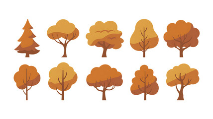 Delightful set of cartoon trees in warm autumnal shades, perfect for adding charm to seasonal designs, nature-themed projects, and educational materials with ease
