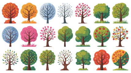 Colorful seasonal trees illustration set with autumn foliage, spring blossoms, and winter bare branches, a vibrant collection of arboreal icons for nature designs