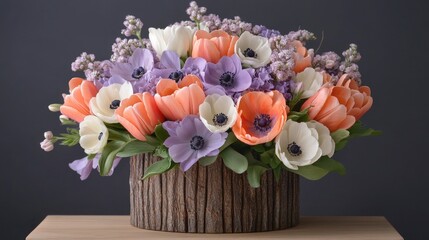 A vibrant spring bouquet styled in a vintage wooden vase