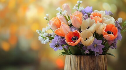 A vibrant spring bouquet styled in a vintage wooden vase