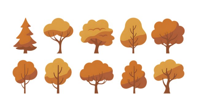 Delightful set of cartoon trees in warm autumnal shades, perfect for adding charm to seasonal designs, nature-themed projects, and educational materials with ease