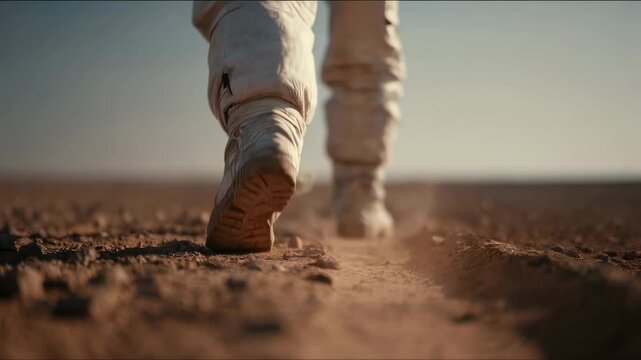 Astronaut walking on arid planet for space exploration. Cosmonaut boot steps on desert surface. Sci fi journey concept for scientific research.