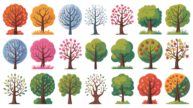 Colorful seasonal trees illustration set with autumn foliage, spring blossoms, and winter bare branches, a vibrant collection of arboreal icons for nature designs