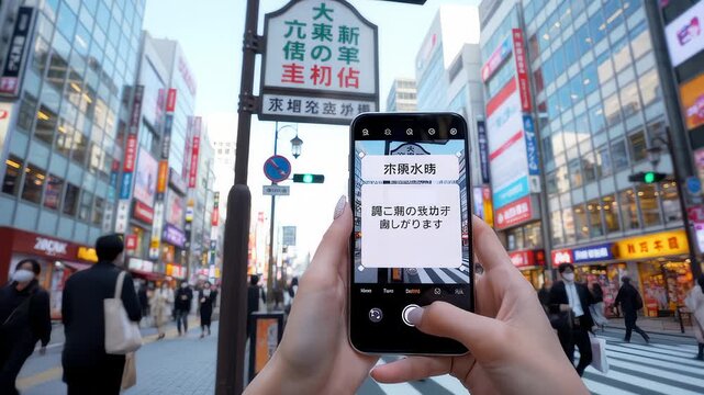 Woman Using Smartphone to Translate Japanese Street Sign in City