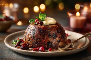 Rich traditional Christmas Pudding served with brandy butter, fresh mint, and cranberries, set in a cozy festive scene with warm golden bokeh lights