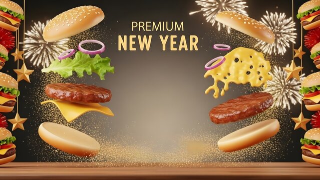 Premium new year burger celebration with food items floating and fireworks