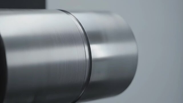 Shiny brushedmetal cylinder shape in a neutral setting with a distinct groove around its circumference